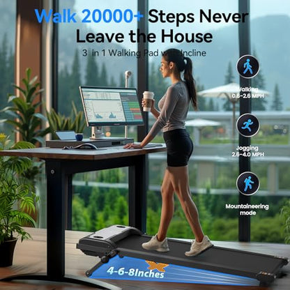 3 in 1 Walking Pad with 3-Level Adjustable Incline, Under Desk Treadmill for Home Office with 2.5HP Quiet Motor, LED Display, Hidden Safety Switch, Compact Portable Jogging Machine for Small Spaces