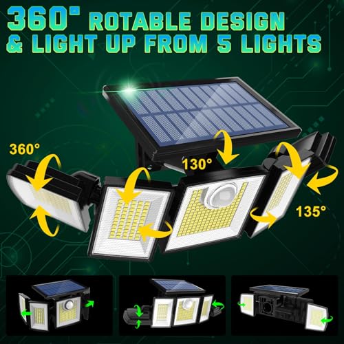 MDCMDCM Solar Lights Outdoor Motion Sensor IP65 Waterproof - 416 LEDs 3000LM Bright 3 Warm White Lighting Modes, 360°Adjustable 32ft for Garden Patio Security