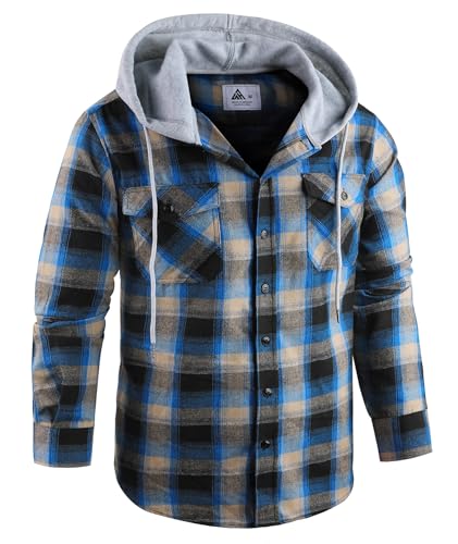 ZITY Mens Flannel Plaid Shirt Jacket Button Down Hoodie with Front Pockets