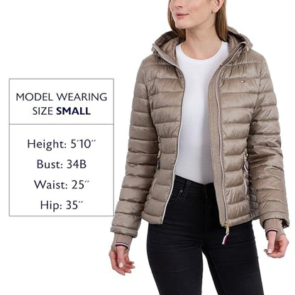 Tommy Hilfiger Women's Lightweight Packable Puffer Jacket with Hood & Bag, Taupe, Large