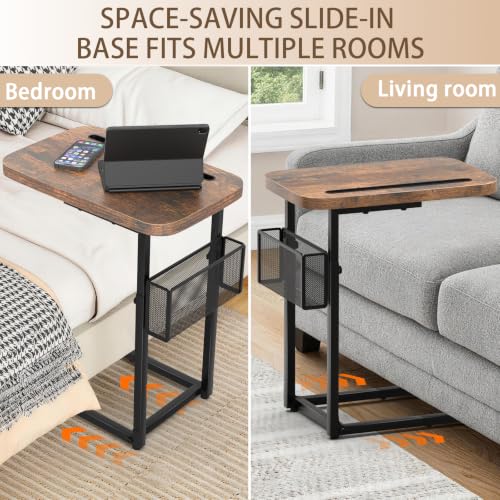 C Table End Table Adjustable Height,TV Tray Table with Storage Baskets