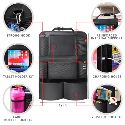 Helteko Backseat Car Organizer, Kick Mats Back Seat Protector with Touch Screen Tablet Holder, Back Seat Organizer for Kids with 9 Storage Pockets, Travel Accessories (2 Pack, Black)
