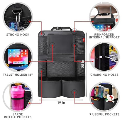 Helteko Backseat Car Organizer, Kick Mats Back Seat Protector with Touch Screen Tablet Holder, Back Seat Organizer for Kids with 9 Storage Pockets, Travel Accessories (2 Pack, Black)