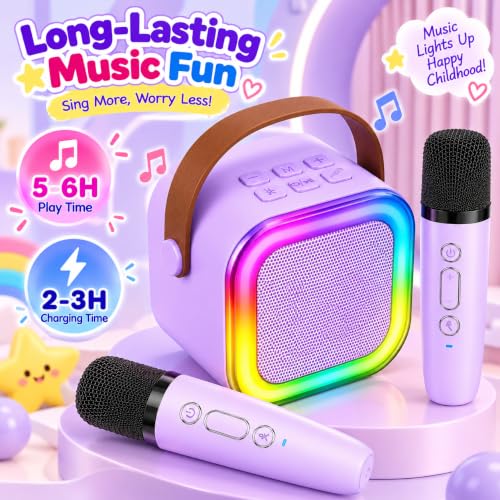 Mini Karaoke Machine for Kids with 2 Wireless Microphones (Purple) | Bluetooth Connectivity, Voice Change, LED Lights, Wireless Microphone