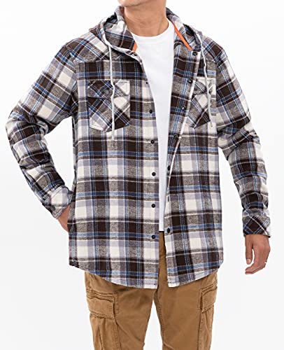 ZENTHACE Men's Flannel Shirt Jacket with Hood,Long Sleeve Plaid Flannel Hoodie Jackets Coffee/White M