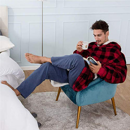 IvyH Oversized Hoodie Blanket Sweatshirt, Super Soft Hoody Home Leisure Plush Hooded Sweater One Size fits Men Women Girls Boys Unisex(Red Plaid)