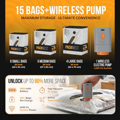 Vacuum Bags for Travel Clothes with Cordless Pump, Vacuum Storage Bags 15Pk | (6 Small, 5 Medium, 4 Large) - Vacuum sealer bags for clothes, Blankets and Luggage - Space Saver Vacuum Storage Bags