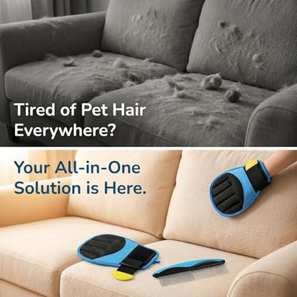 UPEOXT Pet Hair Remover Glove and Grooming Comb Set, Electrostatic Dog Cat Fur Cleaning Tool, Reusable Magic Brush for Furniture Carpet Clothes, 2 Pcs