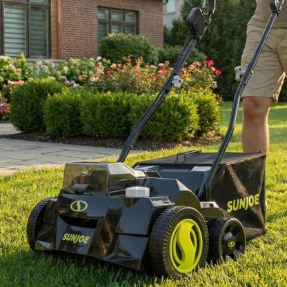 Sun Joe 24V-X2-DTS15 Scarifier and Dethatcher Kit, 5-Depth Positions, 15-inch, Brushless Motor, w/ 2 x 24-V 4.0-Ah Batteries and Dual Port Charger