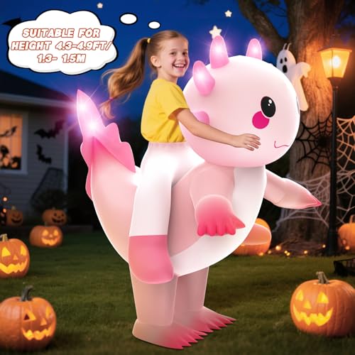 Inflatable Costume for kids,Inflatable Axolotl Riding Costume with Lights,Halloween Glow in The Dark Blow up Costumes