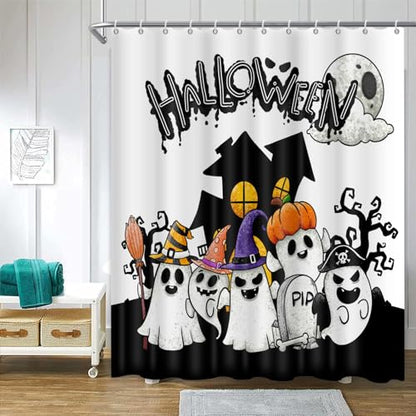 ChloropLastid Halloween Ghost Shower Curtain Castle Cute Funny Ghosts Full Moon Sets Bathroom Curtain Set for Kids Waterproof Fabric Machine Washable Bath Decor with Hooks 72x72 inch