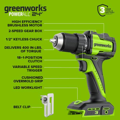Greenworks 24V Cordless Brushless Combo 400 in-lbs Drill/Driver +1950 in-lbs Impact Driver +6.5" Circular Saw +200LM Flashlight, 2.0Ah + 4.0Ah Batteries (24,000mAh Power Bank) and 65W USB-C Charger