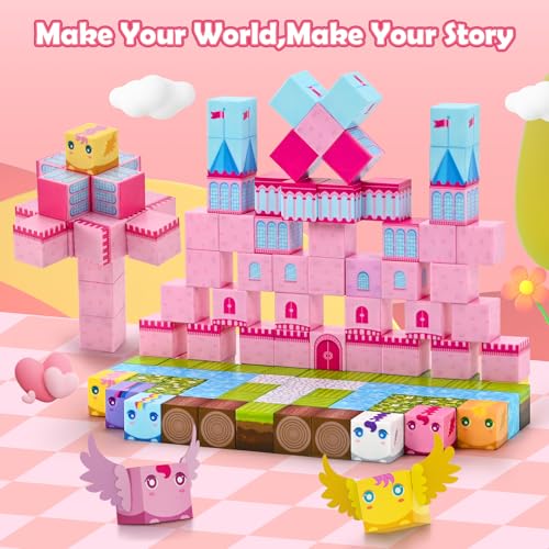 PINKCAT 100PCS Magnetic Blocks, Kids Building Pink Fantasy Castle Cubes, Stacking Tiles, STEM Sensory Toys for Toddlers, Kids Travel Essentials Toy, 3 4 5 6 7 8-12 Years Girls Boys Gifts