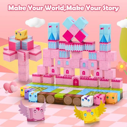 PINKCAT 100PCS Magnetic Blocks, Kids Building Pink Fantasy Castle Cubes, Stacking Tiles, STEM Sensory Toys for Toddlers, Kids Travel Essentials Toy, 3 4 5 6 7 8-12 Years Girls Boys Gifts
