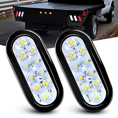 Nilight 6 Inch Oval White Trailer Tail Lights 2PCS 10 LED w/Flush Mount Grommets Plugs IP67 Waterproof Reverse/Back Up Lamp for Truck RV Camper Boat Jeep, White