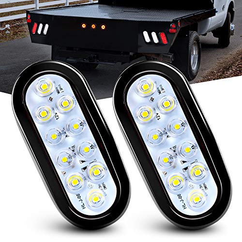 Nilight 6 Inch Oval White Trailer Tail Lights 2PCS 10 LED w/Flush Mount Grommets Plugs IP67 Waterproof Reverse/Back Up Lamp for Truck RV Camper Boat Jeep, White