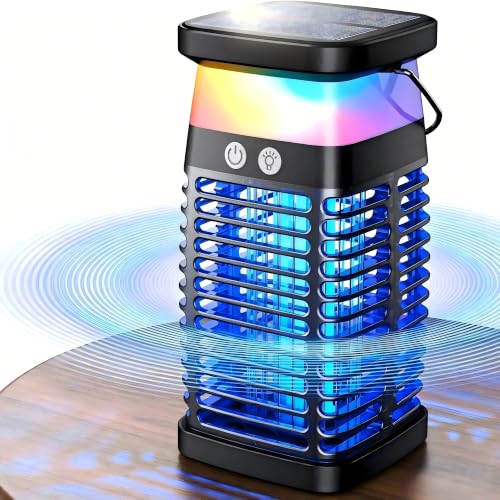 Solar LED Bug Zapper Lamp USB Rechargeable Indoor & Outdoor Use with LED Light, Portable IP66 Waterproof Electric Lamp with Hook for Patio Garden Backyard Home