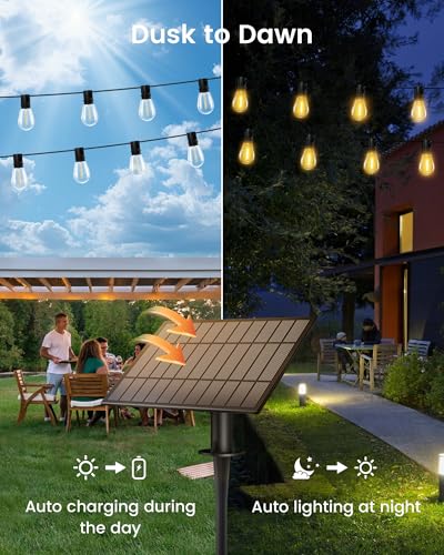 Solar String Lights Outdoor, 120FT 30+2 Shatterproof S14 LED Bulbs, Waterproof, USB Rechargeable, 2200K Warm White, Energy-Saving Hanging Patio Lights for Garden, Porch, Bistro, Deck, Market