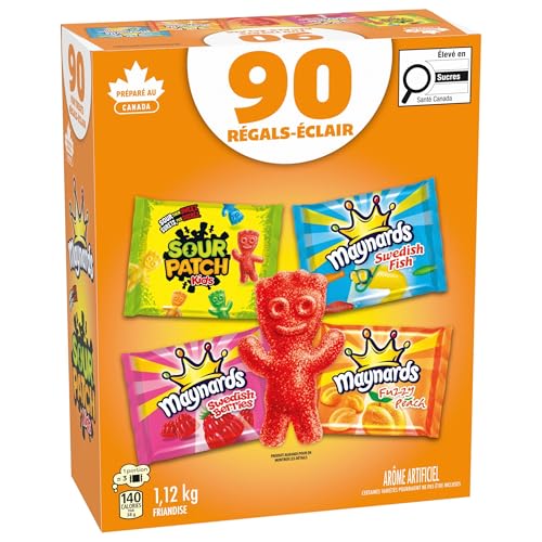 Maynards, Assorted Individually Wrapped Candy 1.12kg (Pack of 90) | Sour Patch Kids, Fuzzy Peach, Swedish Berries, Swedish Fish, Gummy Candy, Sour Candy, Prepared in Canada