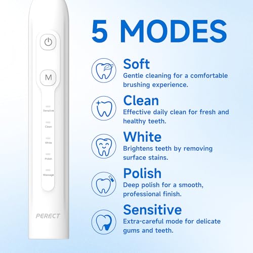 PERECT Sonic Electric Toothbrush for Adults, Rechargeable, 5 Modes, 6 Heads