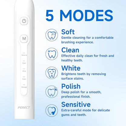 PERECT Sonic Electric Toothbrush for Adults, Rechargeable, 5 Modes, 6 Heads