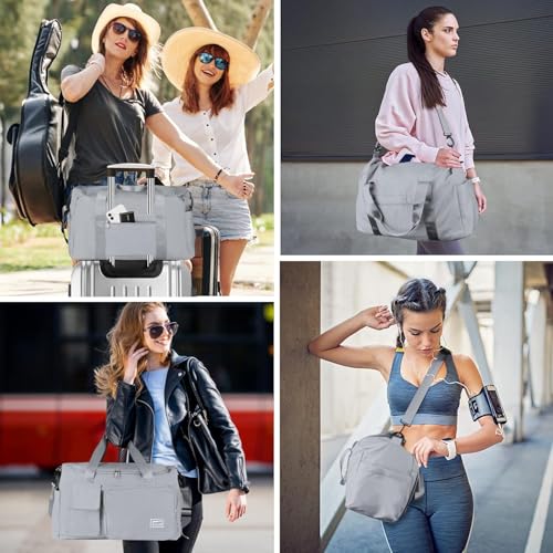 Gym Bag for Women Men, Sports Duffel Bag with Shoes Compartment, Waterproof Travel Duffle Bag with Dry Wet Separated Pocket, Overnight Carry Luggage Bag for Weekender, Sports, Gym, Travel (Grey)
