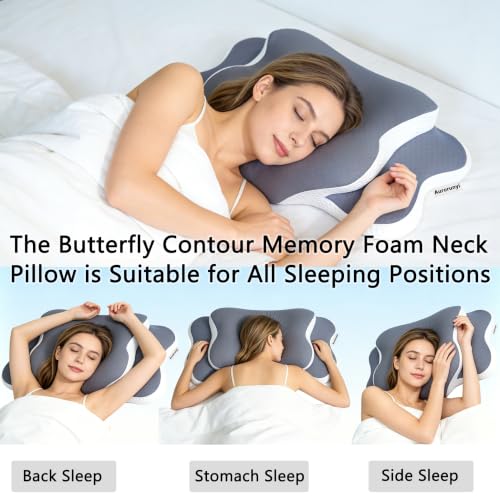 Cervical Neck Pillow Memory Foam, 2 in 1 Butterfly Contour Pillow for Neck Pain Relief, Ergonomic Support Pillow with 2 Heights for Side Back Stomach Sleeper, Breathable Ice Silk Cover