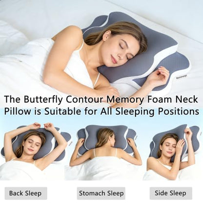 Cervical Neck Pillow Memory Foam, 2 in 1 Butterfly Contour Pillow for Neck Pain Relief, Ergonomic Support Pillow with 2 Heights for Side Back Stomach Sleeper, Breathable Ice Silk Cover