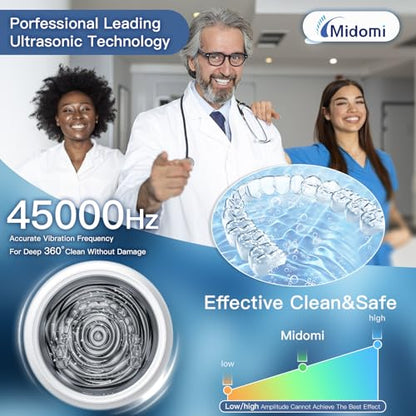 Midomi 45kHz Retainer Denture Cleaner Machine, Upgraded Jewelry Cleaner, 5min and 10min Timer with Rechargable Top Cover, 200ml Dental Cleaning Pod, MouthGuard Cleaner for Aligner NightGuard