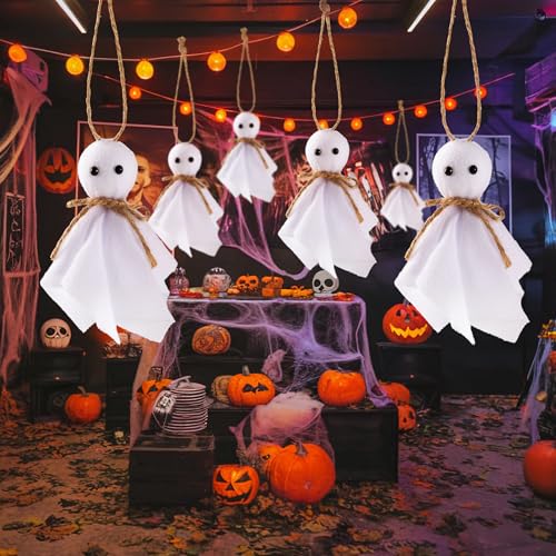 8 Pcs Halloween Ghost Hanging Ornaments- 4 Inch Hanging Ghosts Rustic Farmhouse White Cloth Ghosts Hanging Decoration for Haunted House Party Yard Tree Decor