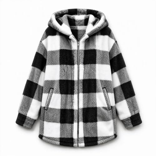 Women's Flannel Plaid Shacket Plus Size Full Zip Up Hooded Sherpa Jacket | Comfy Cozy Long Sleeve Coat, Fall Winter Warm Coats, Oversized Soft Fuzzy Hoodie, Cold Weather Outerwear with Pockets, Trendy