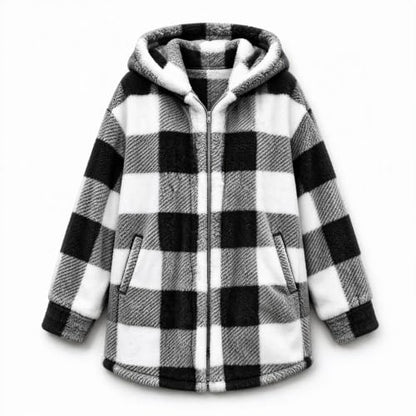 Women's Flannel Plaid Shacket Plus Size Full Zip Up Hooded Sherpa Jacket | Comfy Cozy Long Sleeve Coat, Fall Winter Warm Coats, Oversized Soft Fuzzy Hoodie, Cold Weather Outerwear with Pockets, Trendy