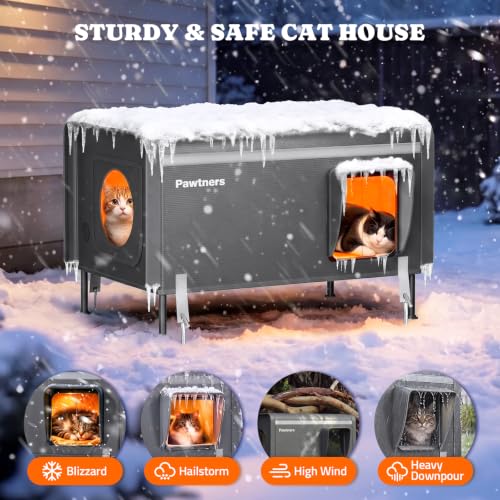 Pawtners 26'' XL Heated Outdoor Cat House for Outside Feral Cats Winter | All Metal Frame Insulated Weatherproof Cat Shelter with Heated Pad, Elevated Feet & Escape Door, Warm Kitty Stray Cat House