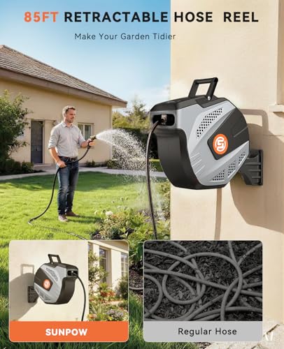 SUNPOW Retractable Garden Hose Reel - 1/2 inch x 85ft Wall Mounted Hose Reel with 3/4 inch Brass Fitting & 10 Function Sprayer Nozzle - Any Length Lock, Auto Rewind System, 180°Swivel Bracket- Grey