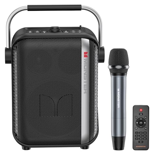 Monster Traveler Mini Bluetooth Speaker with Wireless Microphone, 80W Powerful Wireless Speaker with Deep Bass, Karaoke Machine Mode, 12H Playtime, 3 EQ Modes, 20m Control Range with Remote