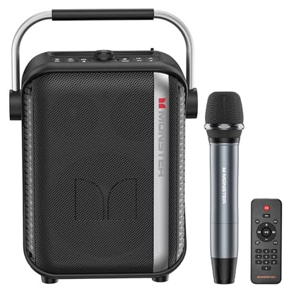 Monster Traveler Mini Bluetooth Speaker with Wireless Microphone, 80W Powerful Wireless Speaker with Deep Bass, Karaoke Machine Mode, 12H Playtime, 3 EQ Modes, 20m Control Range with Remote