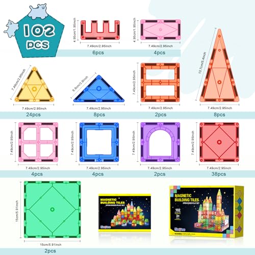 Magnetic Tiles Building Blocks 102pcs Advanced Set STEM Toys for 3+ Year Old Boys and Girls Montessori Toys Toddler Kids Activities Games Christmas New Year Gifts