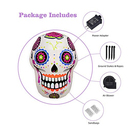 4ft Halloween Inflatable Sugar Skull Blow up Outdoor Decorations with LED