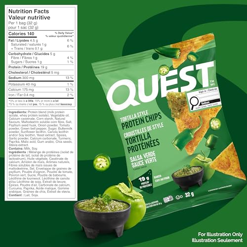 Quest Nutrition Salsa Verde Flavoured Tortilla Style Protein Chips, High Protein, Gluten Free, 8ct