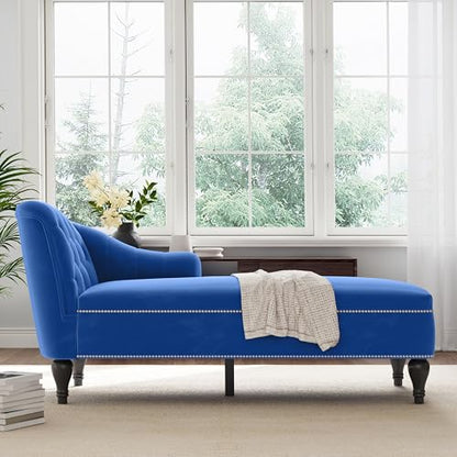 Merax 58'' Velvet Chaise Lounge, Button Tufted Right Arm Facing Lounge Chair with Nailhead Trim & Solid Wood Legs, Sleeper Lounge Sofa for Living Room, Bedroom, Office (Blue)
