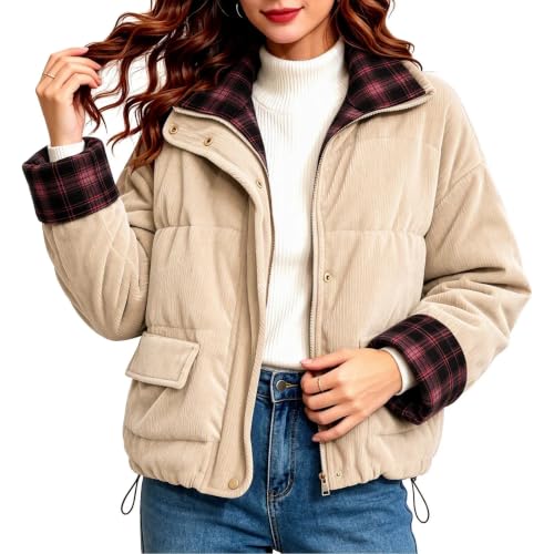Winter Jacket for Women Fall Jackets for Women Stylish Padded Jackets Solid Two Sides Wear Long Sleeve Slim Elegant Outerwear Office Commute Beige S