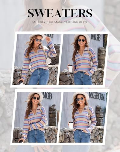 EVALESS Women's Striped Pullover Sweaters Polo V Neck Henley Shirt Cute Daily Winter Chunky Colorblock Sweater Autumn Top Thanksgiving Fashion Outfits L Apricot