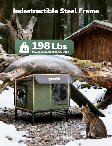 Pecute Heated Outdoor Cat House, Weatherproof Insulated Shelter | 6-layer insulation, 2 Exits, Reinforced Metal Frame, Adjustable Canopy, Washable Pad, For Feral Cats, Porch, Barn, Winter