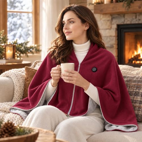 Heated Shawl Wraps for Women USB Wearable Cordless Heated Blanket | Winter Shawl Wraps for Women, Portable USB Heated Blanket Shawl with 3 Heat Settings, Front Zipper, Battery Not Included