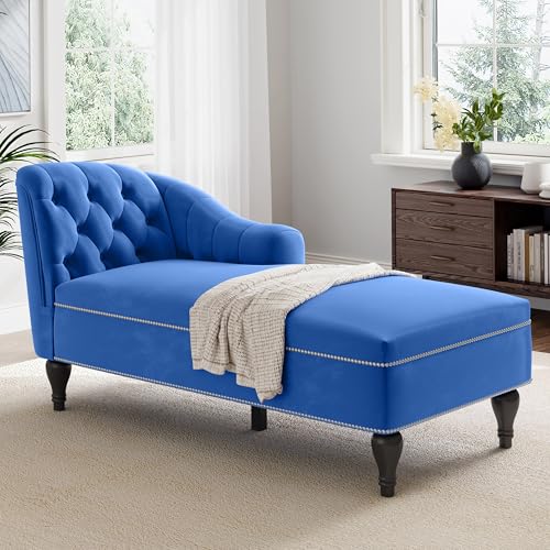 Merax 58'' Velvet Chaise Lounge, Button Tufted Right Arm Facing Lounge Chair with Nailhead Trim & Solid Wood Legs, Sleeper Lounge Sofa for Living Room, Bedroom, Office (Blue)