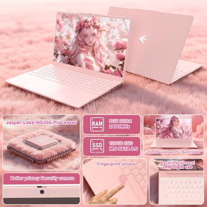 Auusda Lightweight Portable Pink Laptop, Win 11 Pro, 4-Core Processor