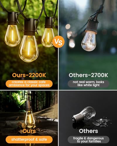 Solar String Lights Outdoor, 120FT 30+2 Shatterproof S14 LED Bulbs, Waterproof, USB Rechargeable, 2200K Warm White, Energy-Saving Hanging Patio Lights for Garden, Porch, Bistro, Deck, Market