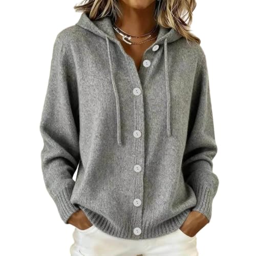 Warm Hooded Sweaters for Women Comfy Soft Button Cardigan Sweater Gray