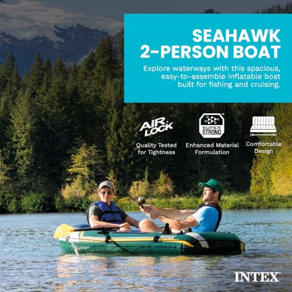 INTEX 68347EP Seahawk 2 Inflatable Boat Set: Includes Deluxe 48in Aluminum Oars and High-Output Pump – SuperStrong PVC – Fishing Rod Holders – 2-Person – 520lb Weight Capacity