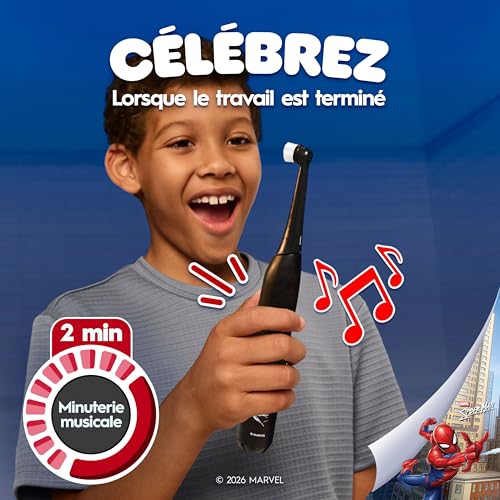 Oral-B iO Kids Rechargeable Electric Powered Toothbrush, Spiderman with 1 Gentle Care Brush Head - Automatic Pressure Sensor to Protect Gums - 3 Cleaning Settings - 2 Min Music Timer - 28 Day Battery Life